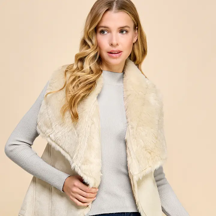 Faux Shearling Drape Vest - Ivory