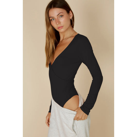 Surplice Long Sleeve Bodysuit Black
