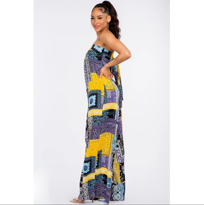 Scarf Pattern Strapless Jumpsuit