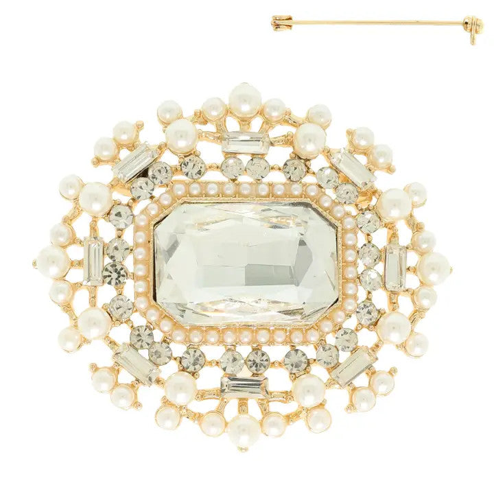 Gold tone crystal pearl and rhinestone pavé brooch pin featuring faceted crystal center surrounded by intricate rhinestone and pearl details with secure pin-back closure
