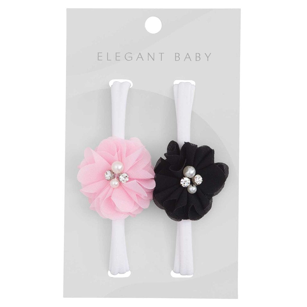 Set of 2 infant headbands with pink and black tulle flowers on Elegant Baby branded card packaging