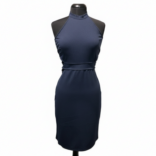 Navy halter dress with high mock neckline and geometric waist cut-out details on dress form, front view