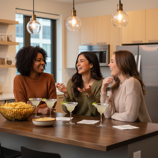 Three diverse women laughing at modern kitchen island with margarita'd and queso'd cocktail napkins and Mexican appetizers
