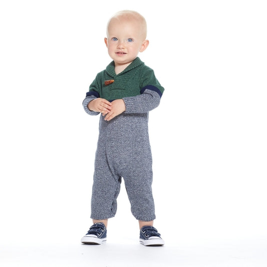 Baby boy wearing green and gray colorblock sweater knit coverall with shawl collar and matching booties by Andy & Evan