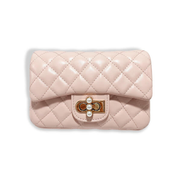 Blush pink quilted girls purse with pearl closure charm on white background