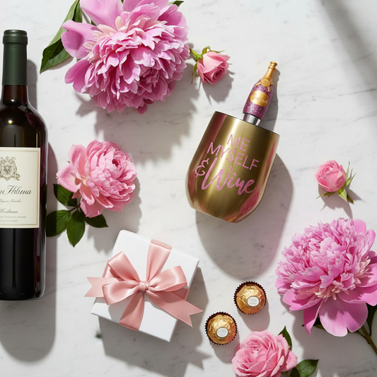 Me Myself & Wine glass and stopper set styled as gift