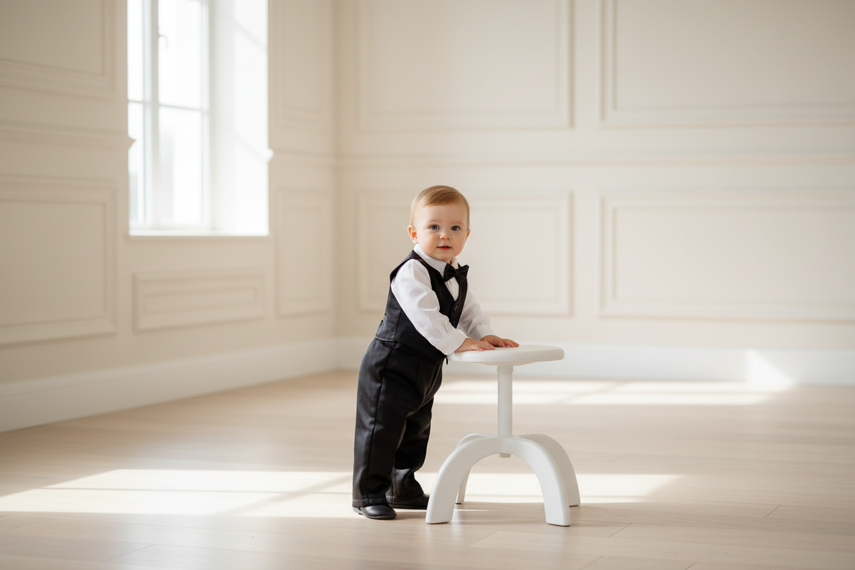 Minimalist lifestyle image of baby in black formal vest suit