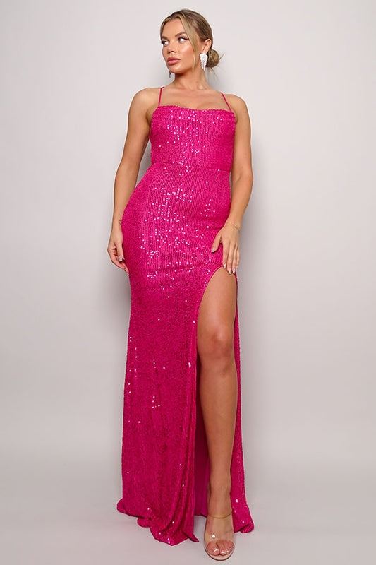Fuchsia Spaghetti Strap Lace-Up Back Sequin Maxi Dress