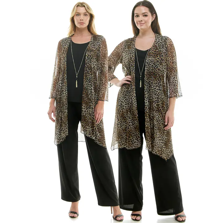 Two women wearing leopard print sheer chiffon duster cardigan over black outfits, 3 piece set