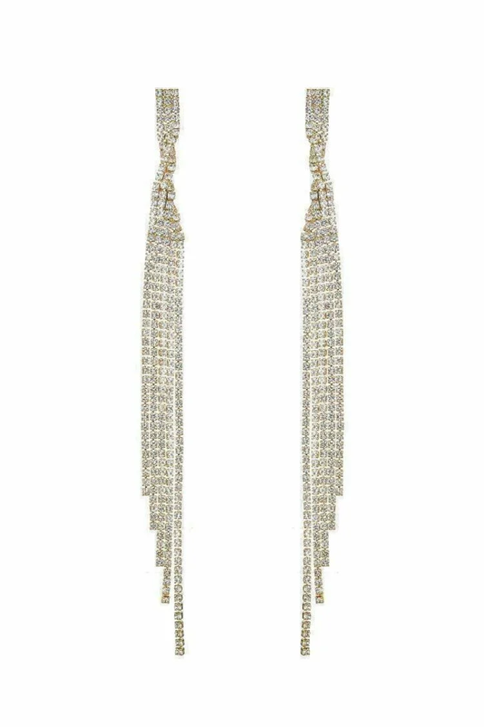 This image displays a pair of elegant twisted drop earrings, characterized by five distinct rows of sparkling stones. Each earring hangs gracefully, with the shimmering stones catching the light, emphasizing their brilliance and adding a touch of sophistication to the wearer's ensemble.