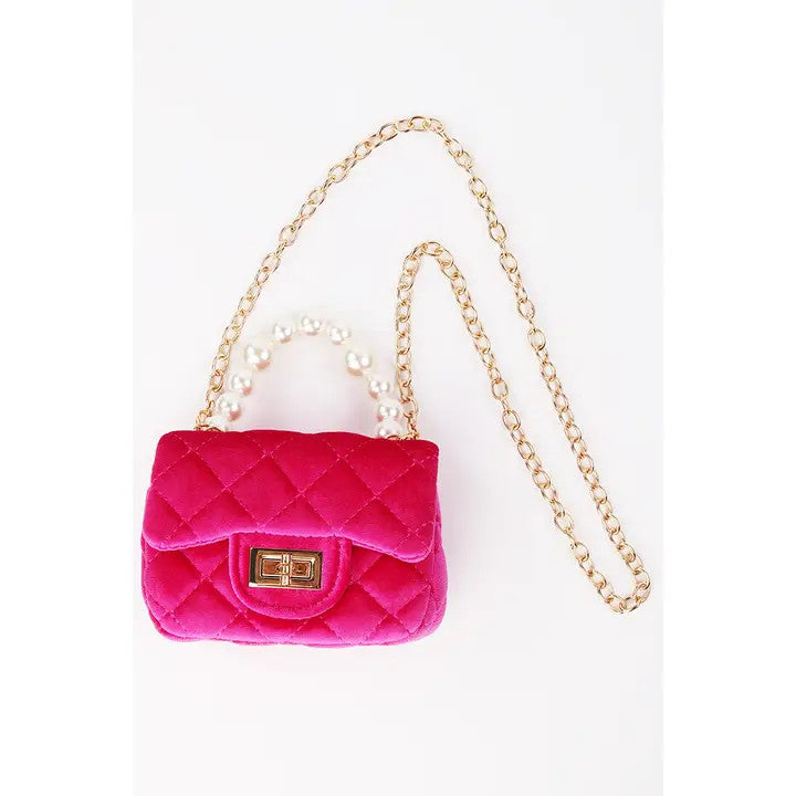 Girls' Mini Quilted Velvet Bag w/Pearl Handle and Gold Chain