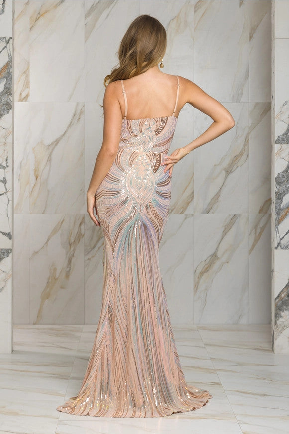 Back view of champagne multi-sequin mesh gown with elegant draping