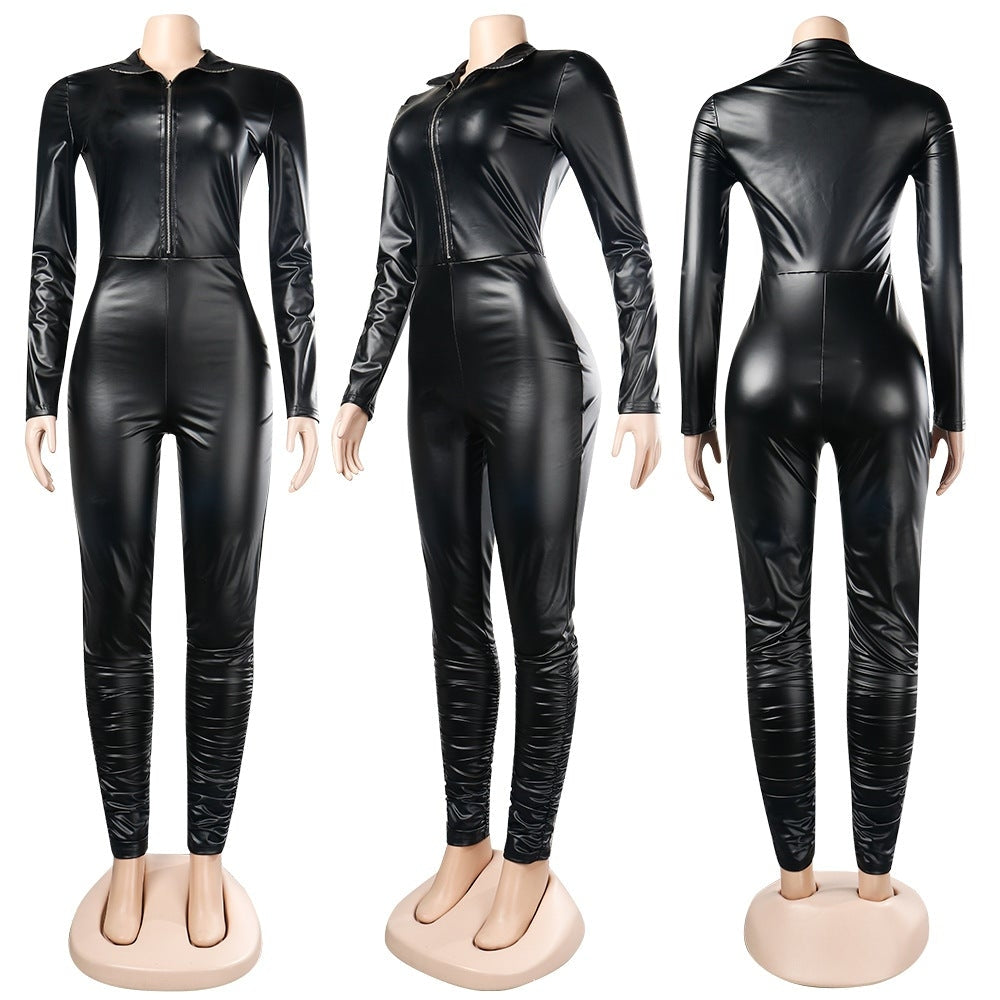 Faux Leather Front Zip Catsuit