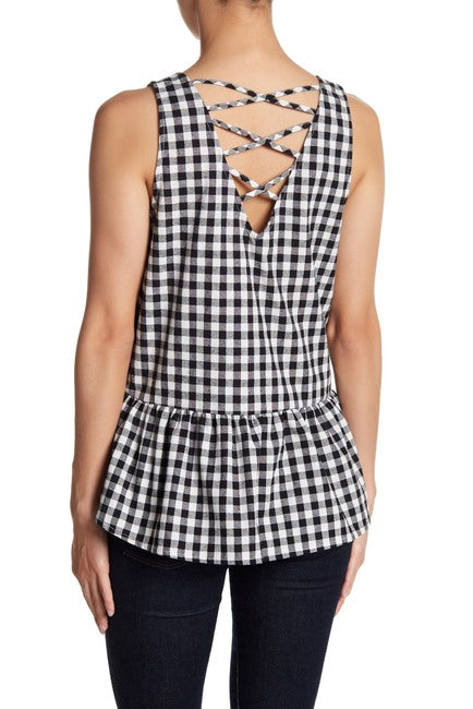 Gingham Peplum Top with Crisscross Back – Black & White