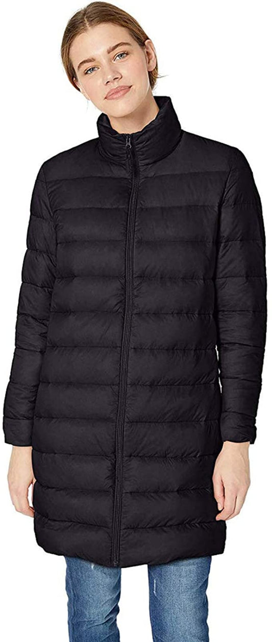 Black down puffer coat on model, lightweight winter jacket with sleek silhouette