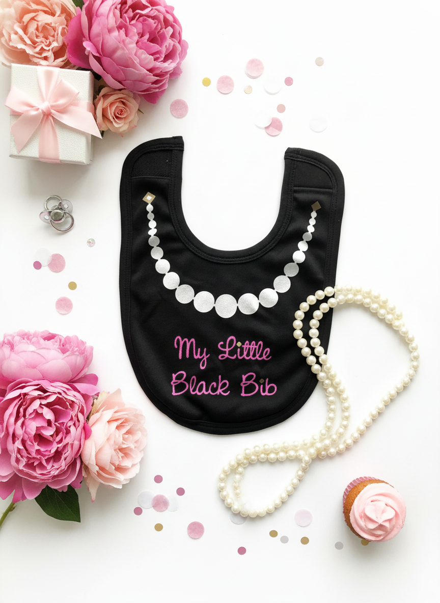 Black My Little Black Bib with pearl necklace design surrounded by white pearls, pink peonies, gift box with ribbon, and confetti on white background