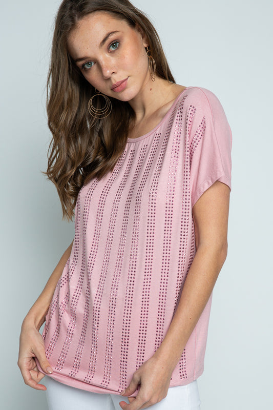Super Soft Pink Short Sleeve Top with Vertical Rhinestones