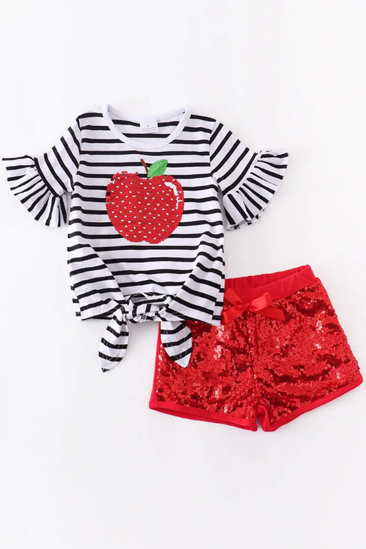 Girls Apple Sequin Short Set – Striped Ruffle Sleeve Top & Red Shorts
