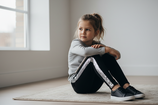 Natural realistic photo of 6-year-old wearing black sequin-striped leggings
