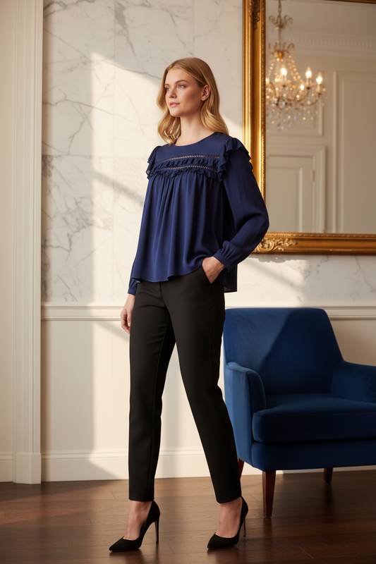 Woman in navy cobalt blue blouse with crochet trim at upscale venue editorial photography