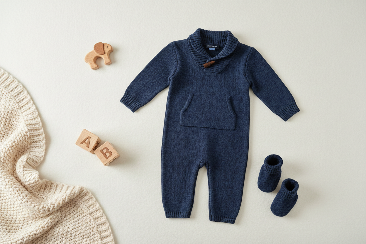 Navy Knit Baby Outfit Flat Lay