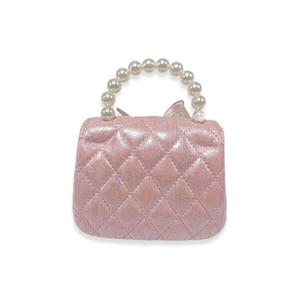 Back view of pink quilted mini purse showing diamond stitch pattern and bow detail