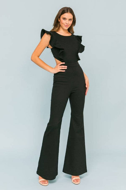 Black Flared Stretch Denim Jumpsuit with Ruffle Detail