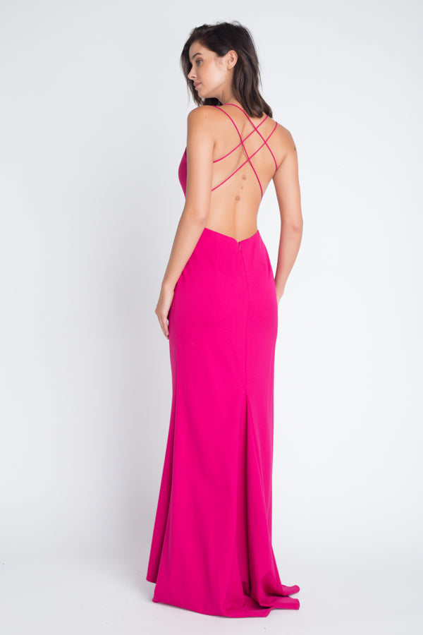 Hot Pink Gown - V-Neck Formal Dress with Strappy Criss-Cross Back L Hot Pink Gown - V-Neck Formal Dress with Strappy Criss-Cross Back L