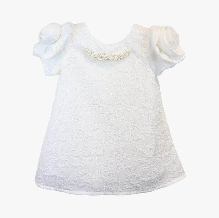 Girls' white floral brocade dress with pearl-embellished neckline and rosette cap sleeves on white background