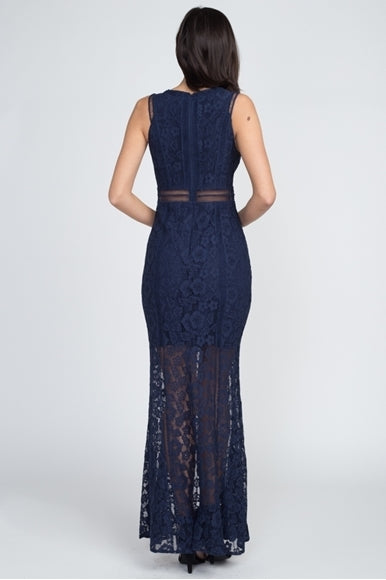 Navy Lace Gown w/Front Slit