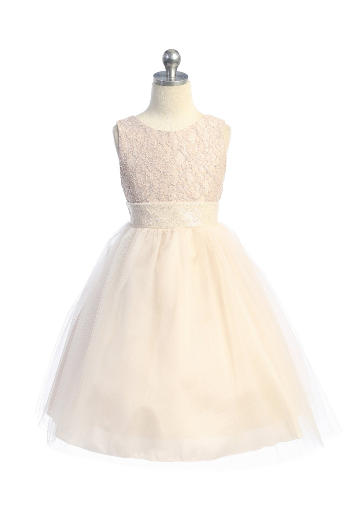 Girls' Sleeveless Lace Sequin Back V Dress