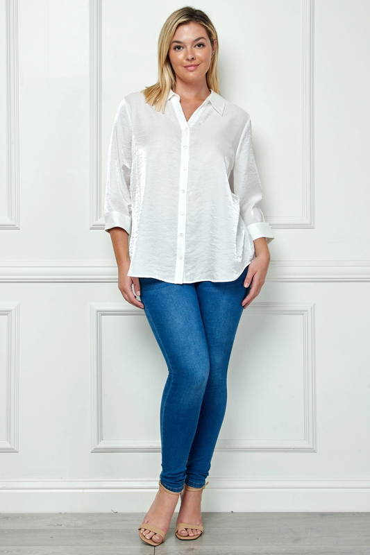 Shimmer 3/4 Cuff Sleeve Collared Button Down Blouse PLUS