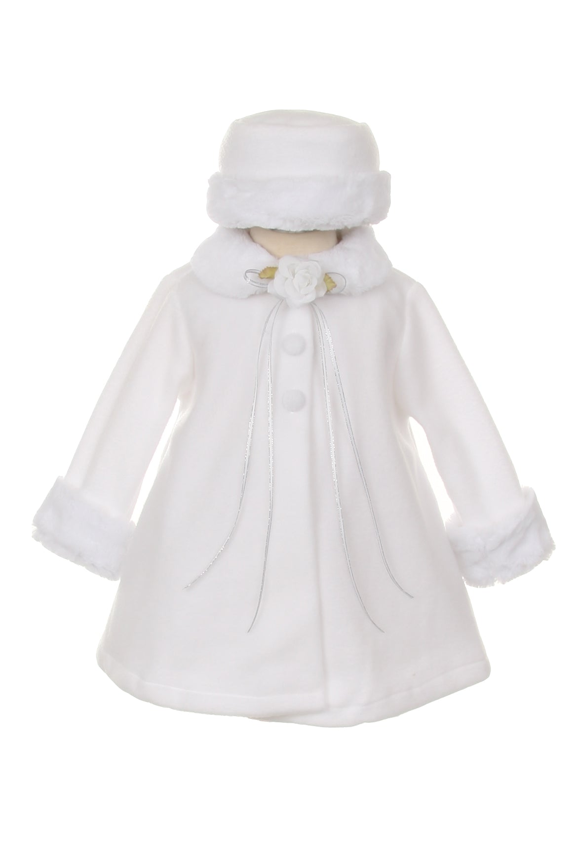White fleece baby coat with faux fur trim and matching hat