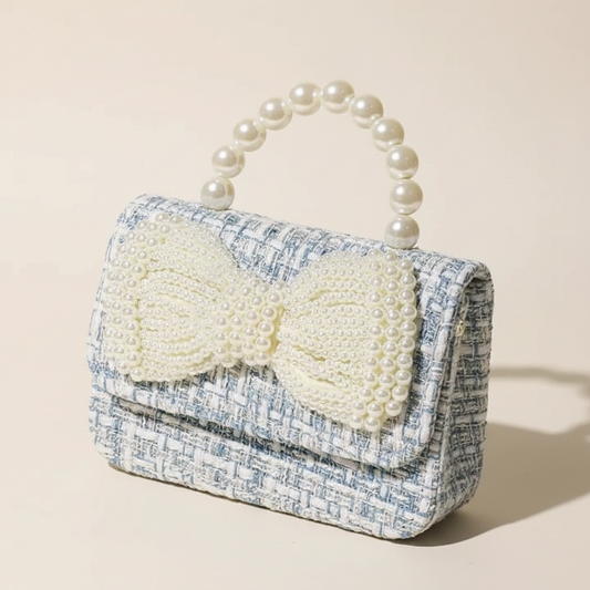 Girls Pearl Bow Tweed Mini Handbag with Pearl Bead Handle