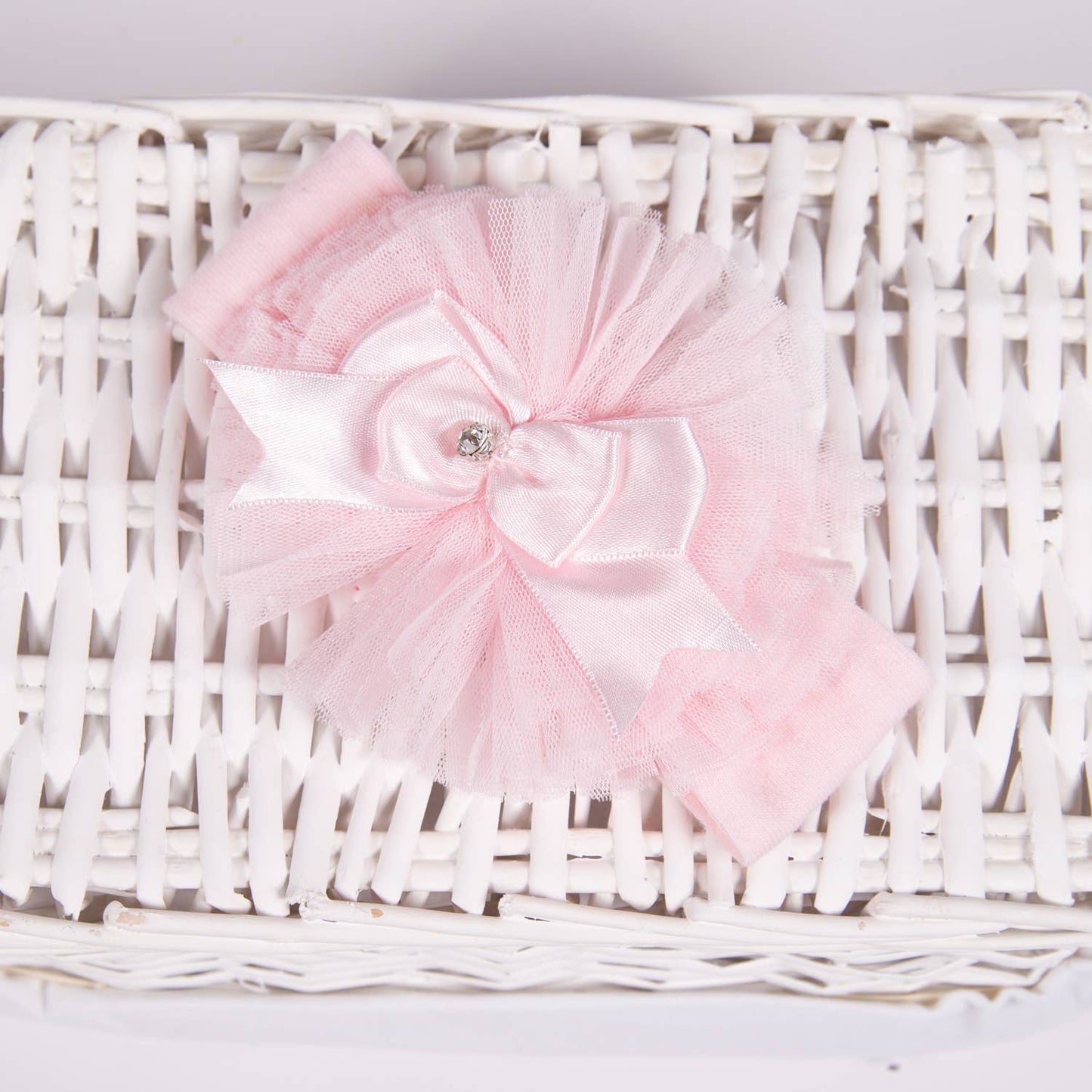 Pink Baby Headband with Satin and Tulle Bow – Rhinestone Accent (0–12 Months)
