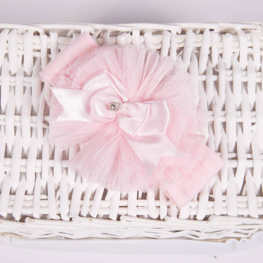 Pink Baby Headband with Satin and Tulle Bow – Rhinestone Accent (0–12 Months)