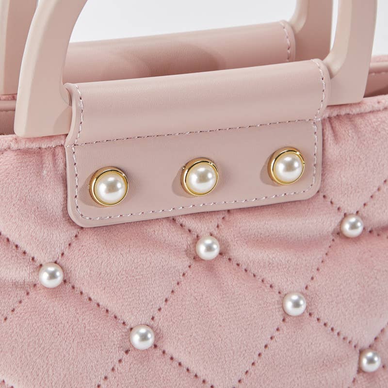 Girls Pink Pearl Embellished Quilted Velvet Purse