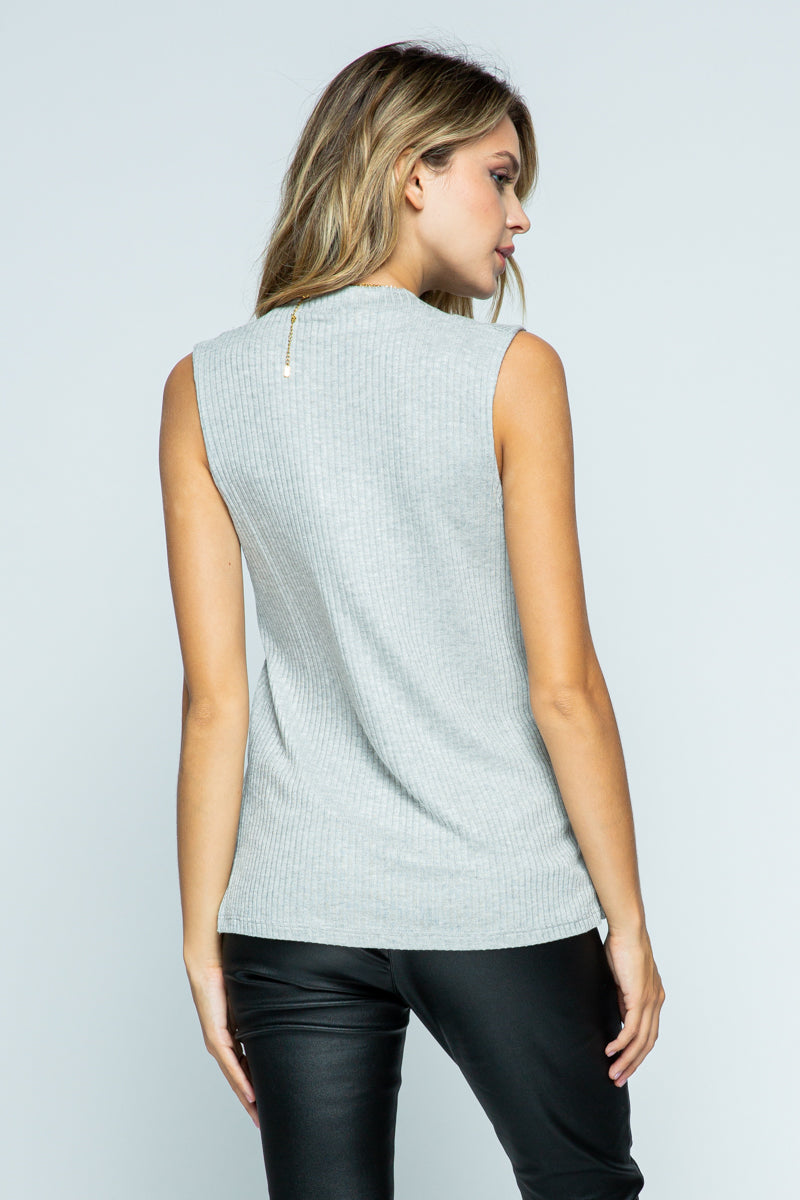 Grey Ribbed Knit Sleeveless Top – Super Soft V-Neck