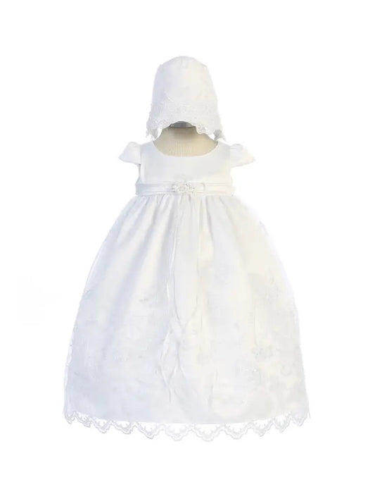 A white embroidered Christening baby gown with bonnet.