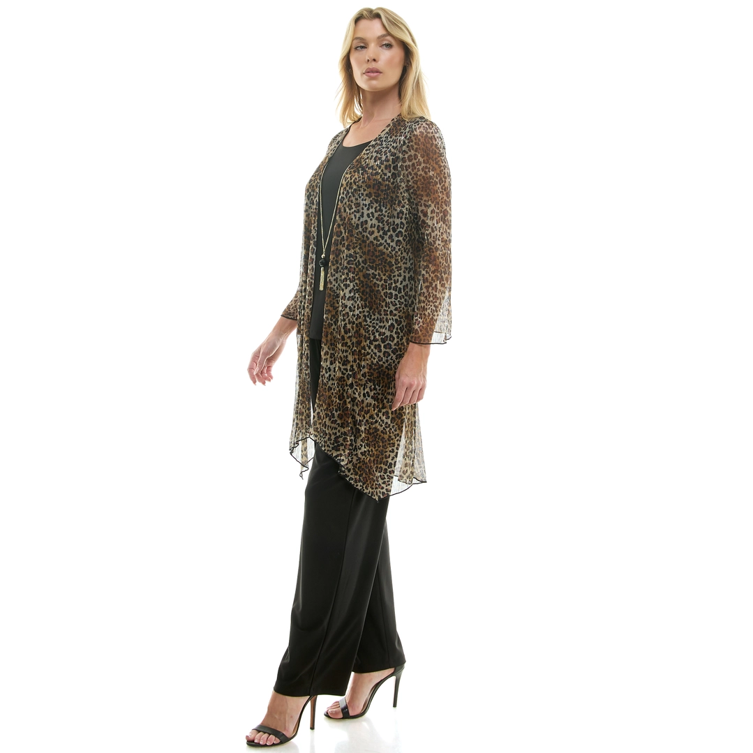 Woman wearing leopard print sheer chiffon duster cardigan with black pants and heels, side view showing drape and length