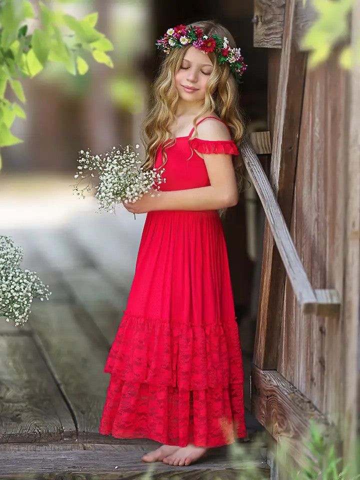 Girls' Ruby Red Tiered Lace Ruffle Maxi