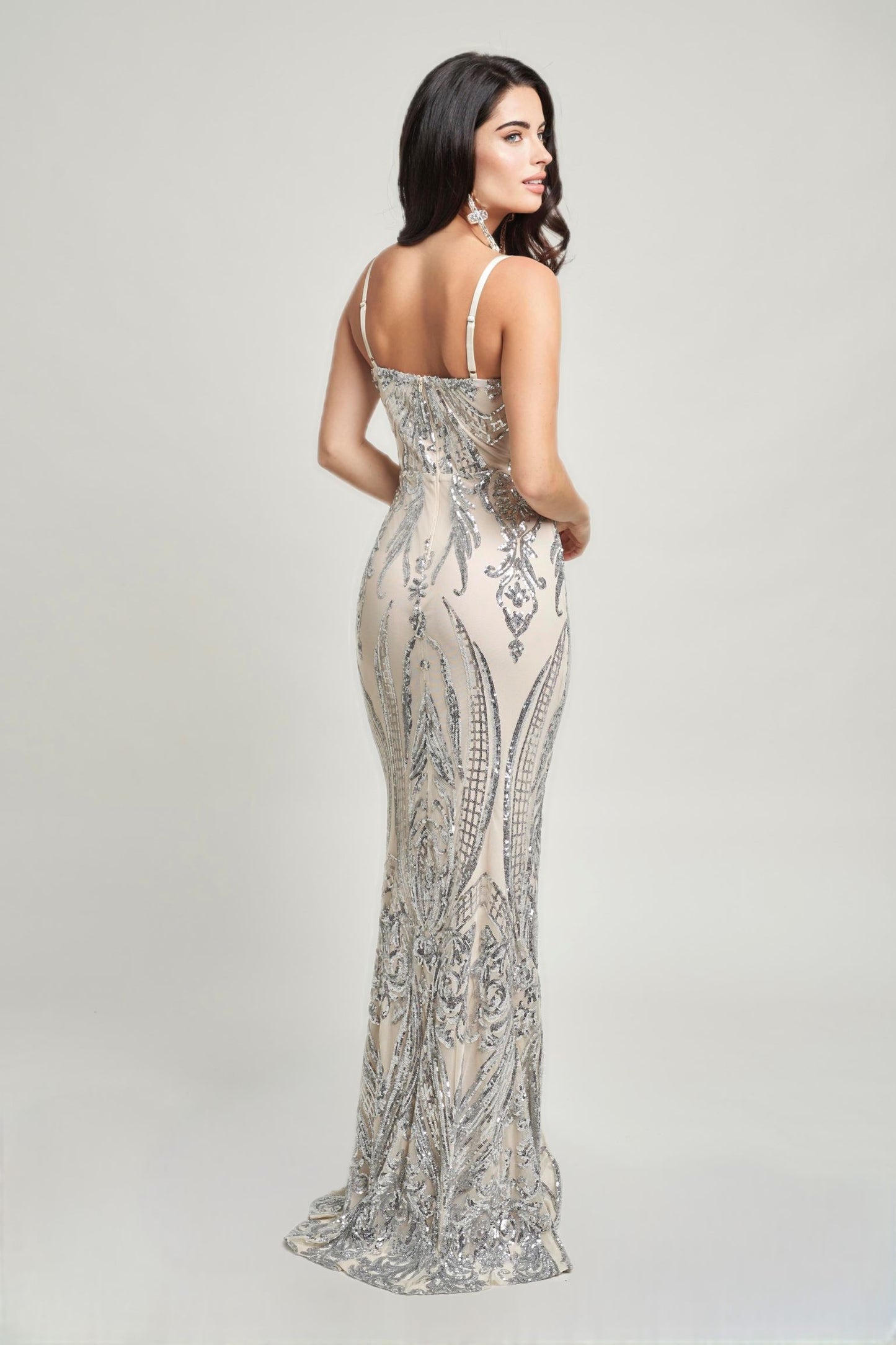 Square Neck Contrast Sequin Spaghetti Strap Gown