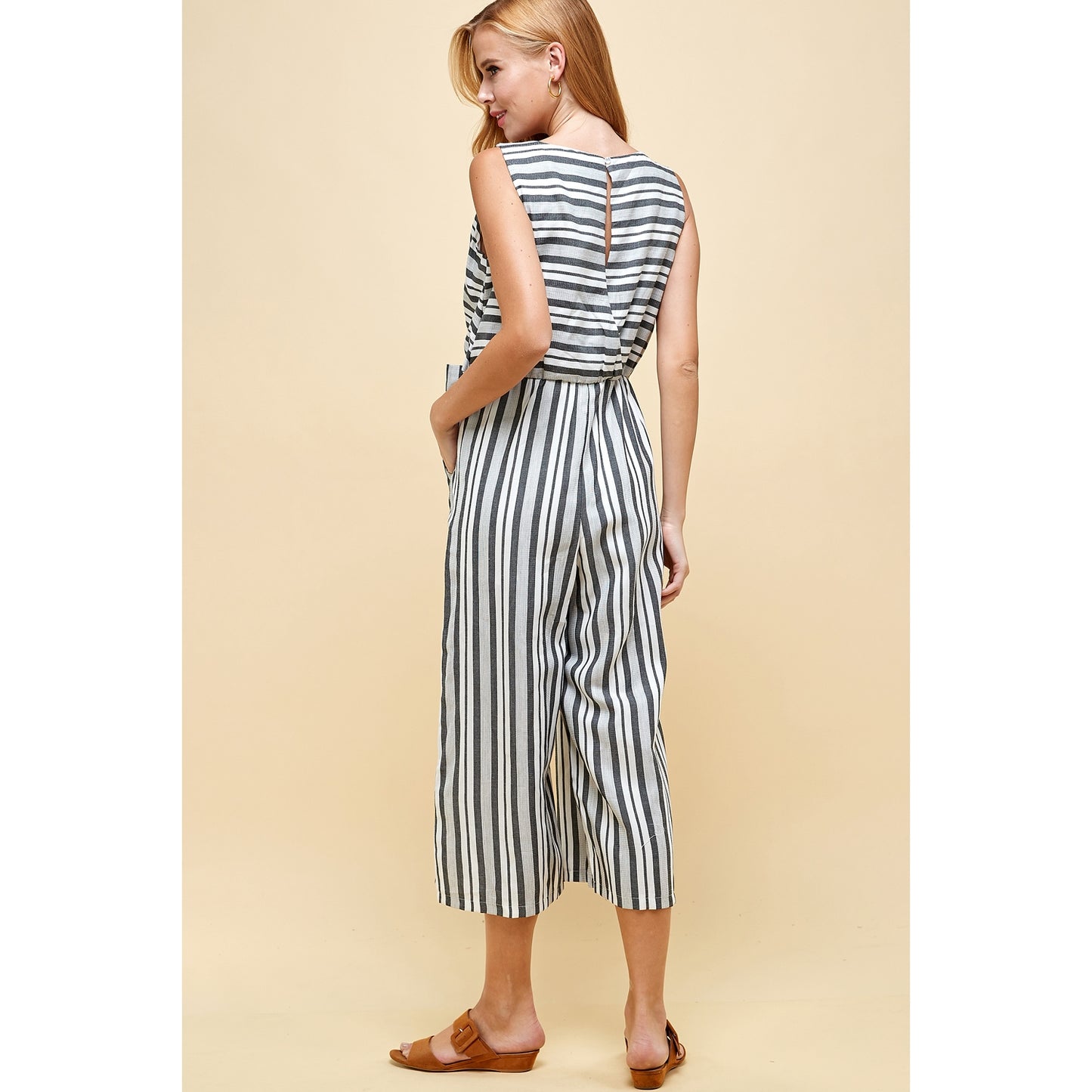 Striped Front Tie Gaucho Jumpsuit