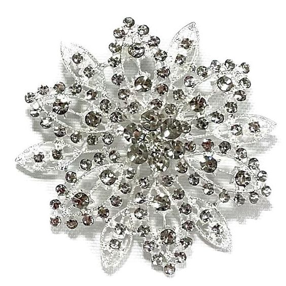 Silver-tone 63mm flower rhinestone brooch with dimensional layered petals and clear pavé rhinestones, vintage statement pin on white background