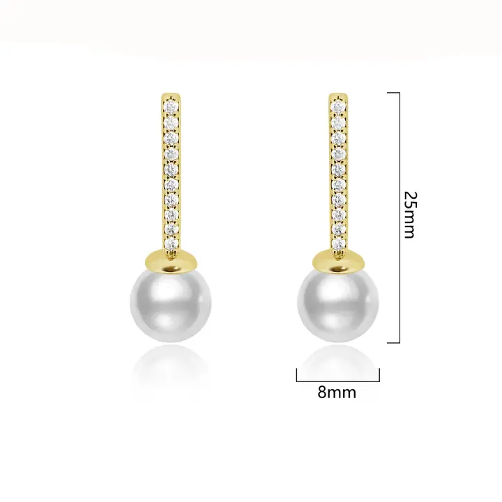 Pearl drop earrings with cubic zirconia pavé bar in gold finish, shown with dimension measurements of 8mm width and 25mm total length