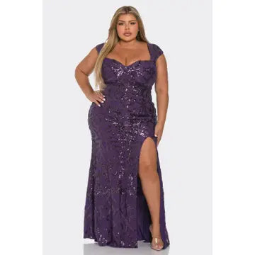 Front view of plus size violet sequin cap sleeve gown with allover embellishment