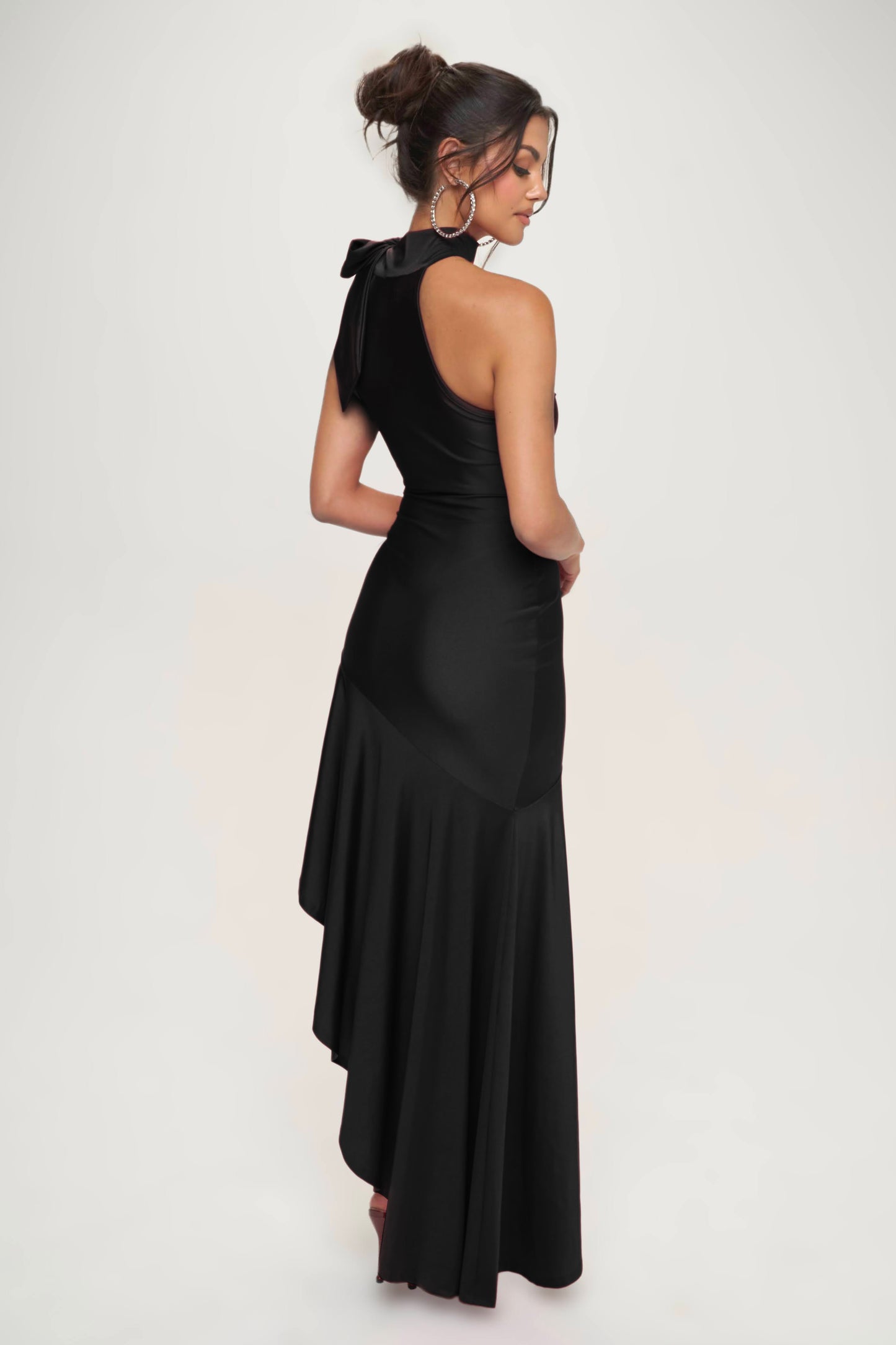 Black Satin High-Low Gown with Neck Tie Detail