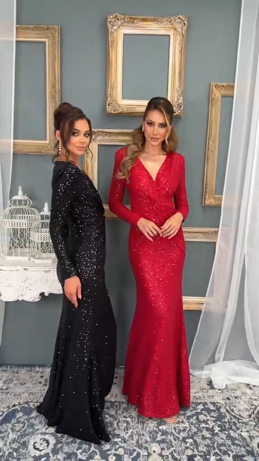 Knotted V-Neck Sequin Long Sleeve Formal Gown