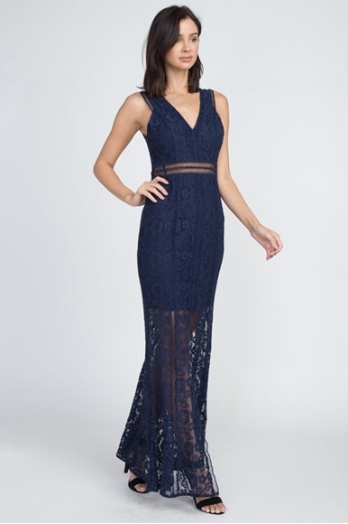 Navy Lace Gown w/Front Slit