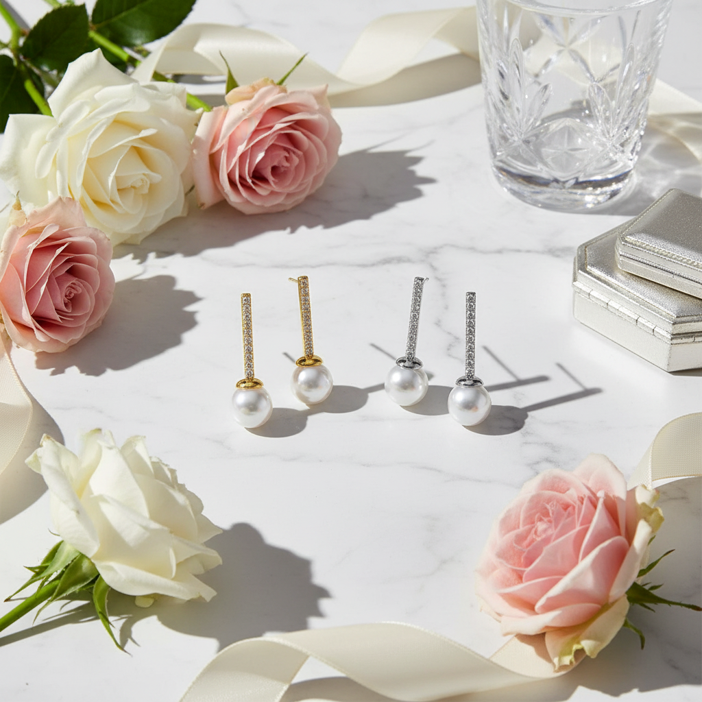 Pearl drop earrings flat lay